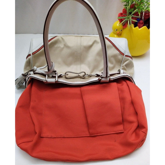 Coach Hampton Beige Canvas White Leather Trim Zipper Closure Tassel Satchel Bag - Picture 13 of 14